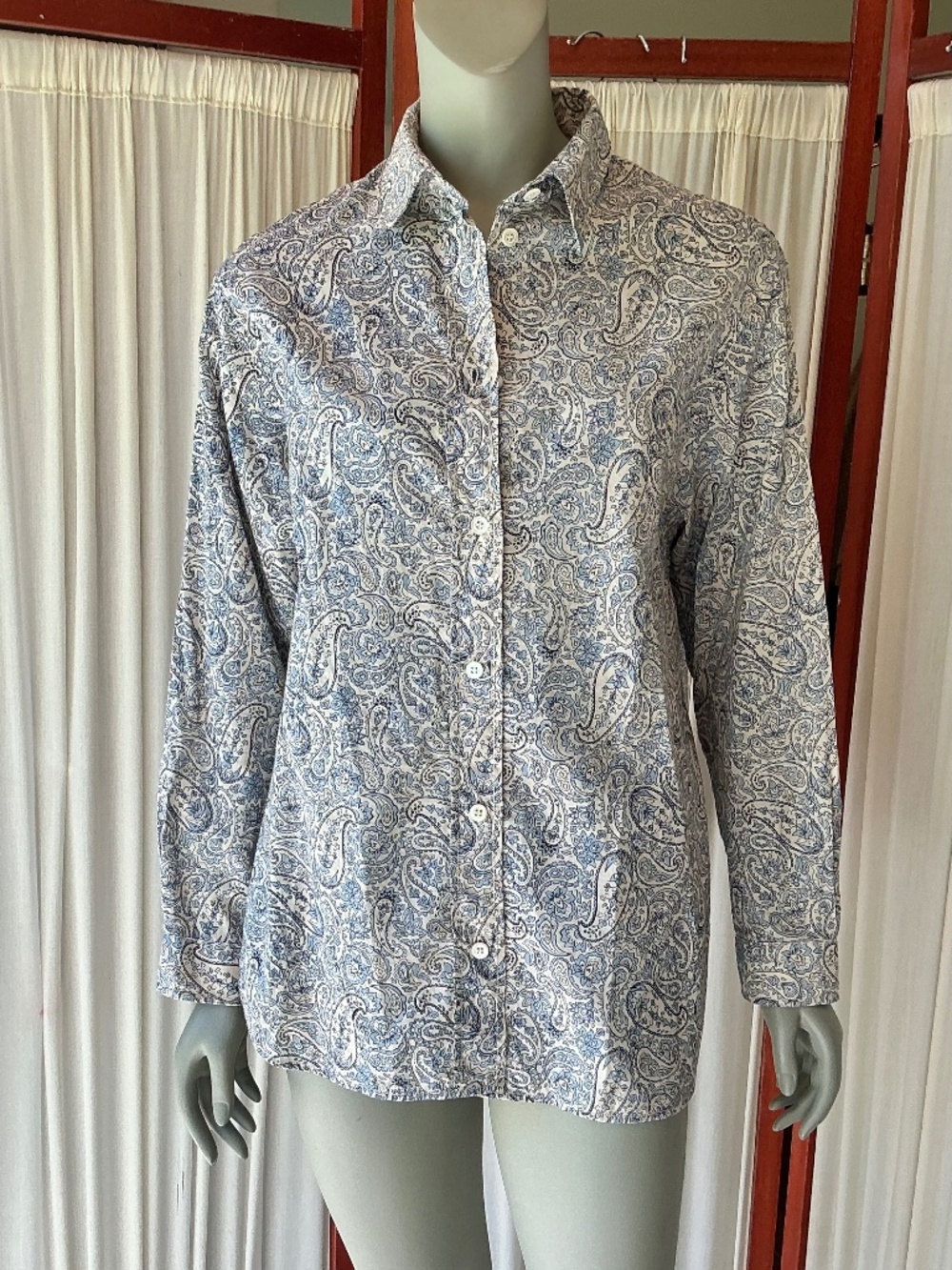 Vanessa Bruno Women’s Button Down Blue Cotton Paisley Shirt Size 38 / Small
